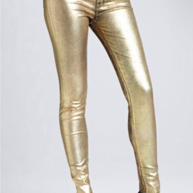 J Brand Foil Pants New With Tags Gold Straight Leg Bottoms For Night Out, Trendy High Waist Gold Pants, Metallic Full Length Bottoms For Spring, Trendy High Rise Metallic Bottoms, Casual Gold Straight Leg Bottoms, Casual Fitted Metallic Bottoms, Casual Metallic Bottoms For Fall, High-waist Metallic Bottoms For Spring, Gold Stretch Full Length Bottoms