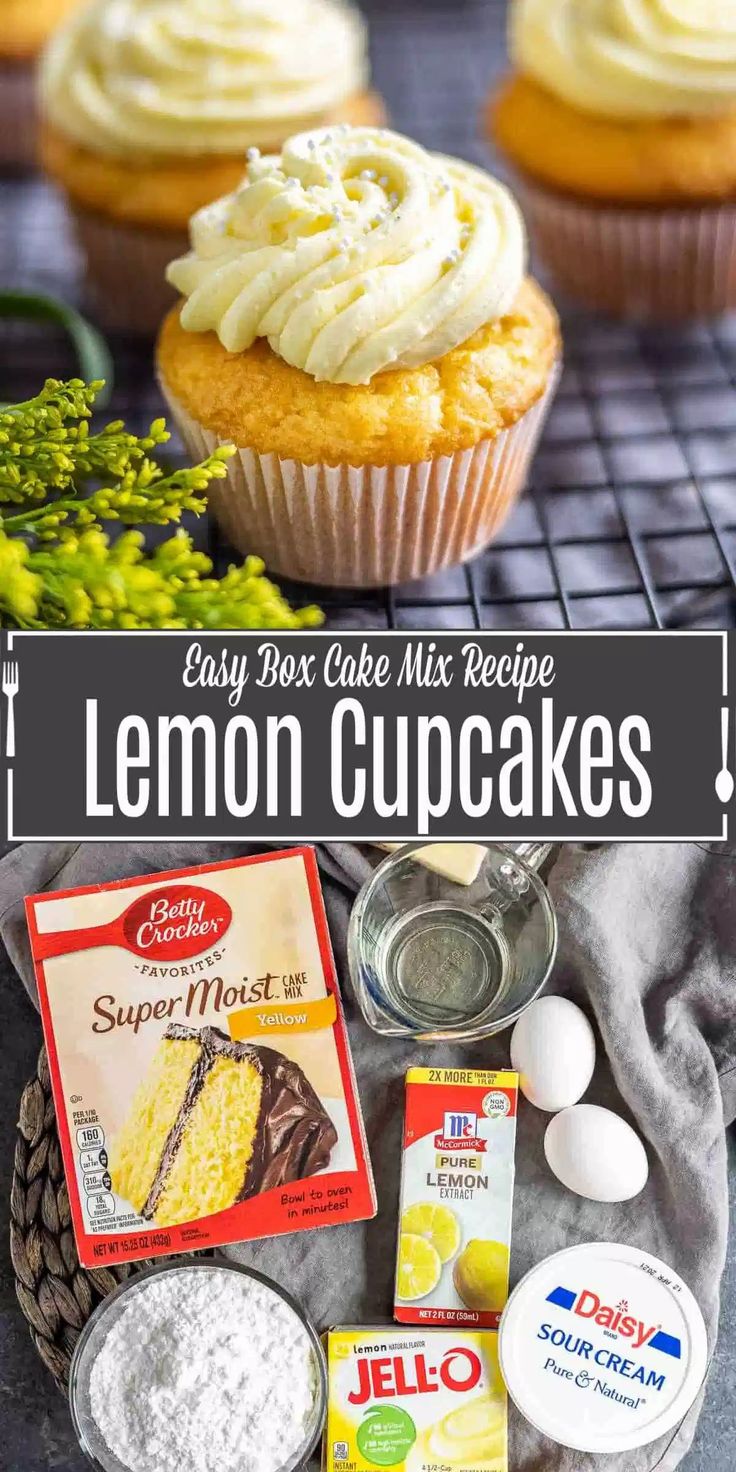 lemon cupcakes on a cooling rack with frosting and ingredients for the recipe