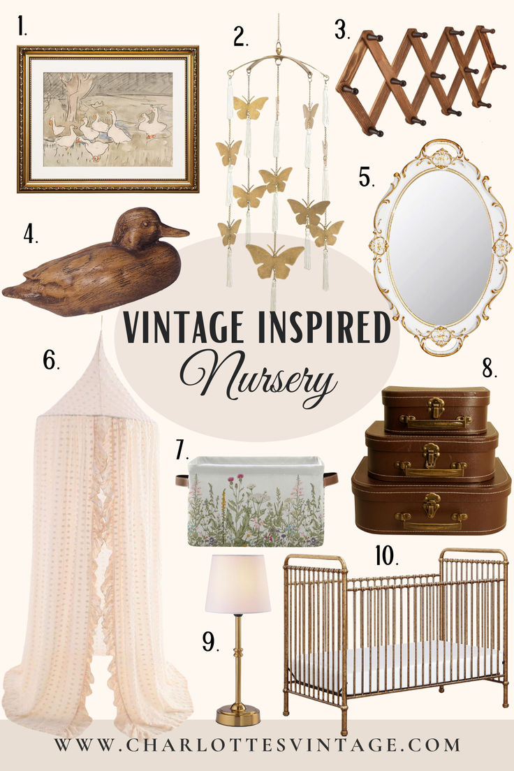 the vintage inspired nursery is featured in this postcard with pictures and accessories on it