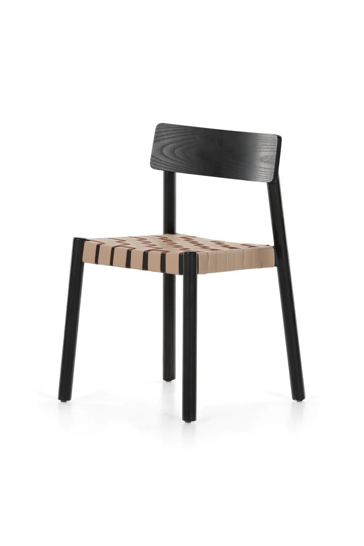 a wooden chair with black legs and a striped seat pad on the back, in front of a white background