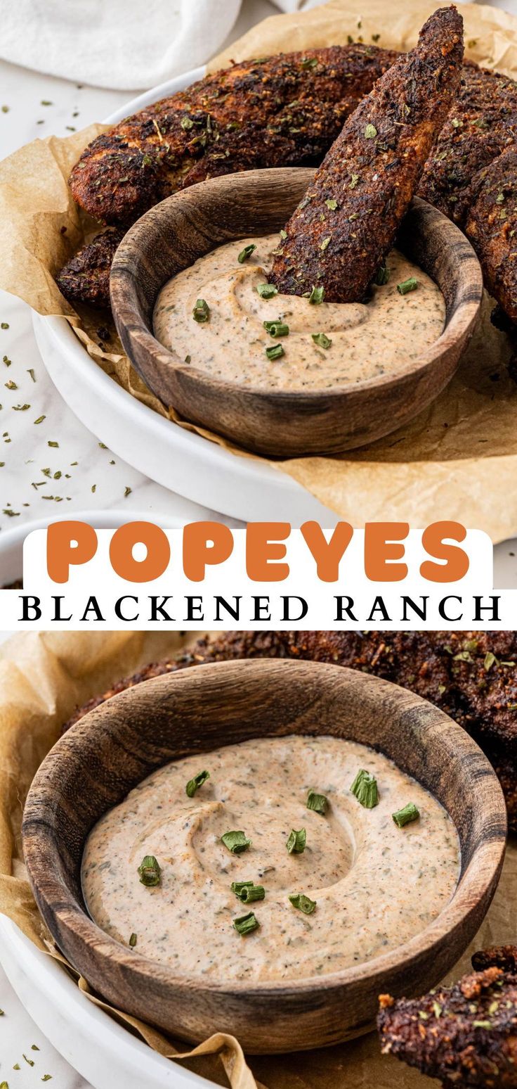 two bowls filled with black - fried ranch dip