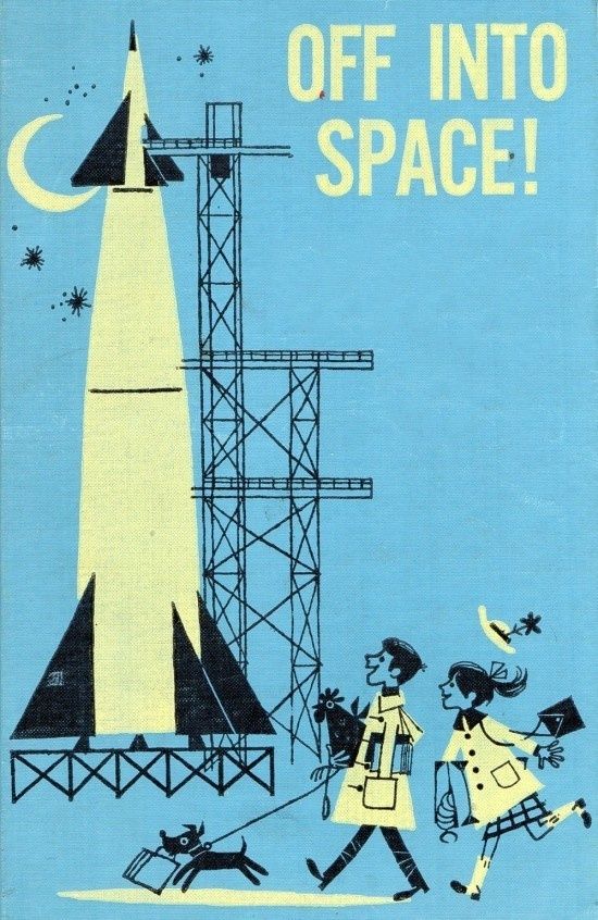 an old book cover with people walking near a rocket ship and the words off into space