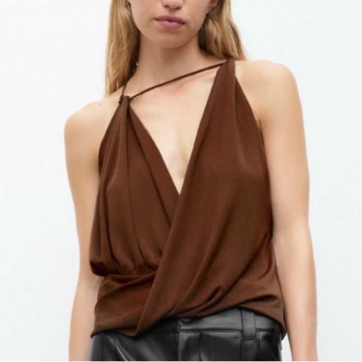 New Without Tags Zara Asymmetrical Draped Top Beautiful Rich Brown Color // Perfect For Fall Versatile Wrap Top For Party, Brown Asymmetrical Summer Top, Chic Brown Party Top, Zara Brown Party Tops, Brown Zara Top For Party, Asymmetrical Tops For Spring Date Night, Brown Evening Top For Spring, Elegant Asymmetrical Zara Blouse, Zara Asymmetrical Top For Night Out