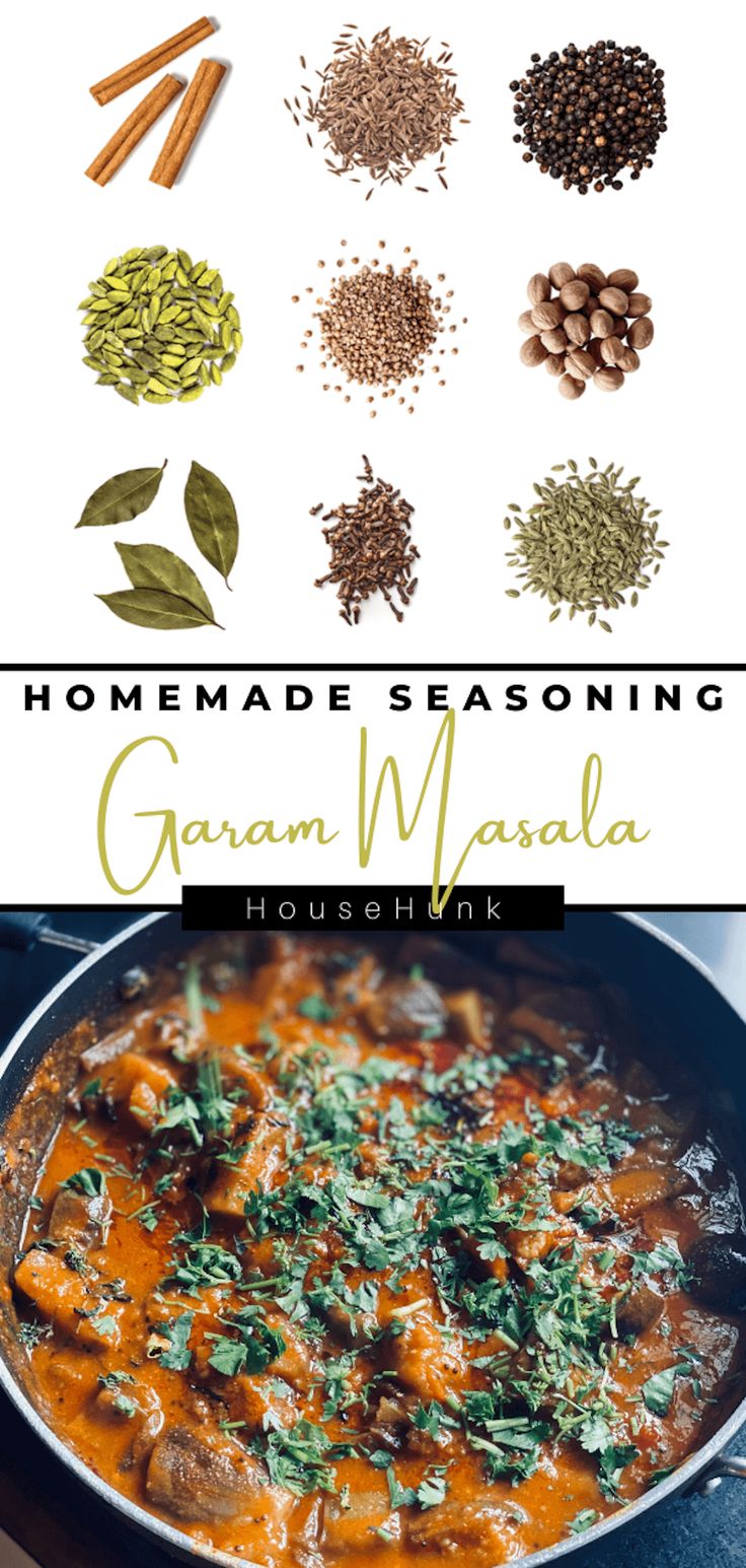 the recipe for homemade seasoning garami masala is shown with spices and herbs