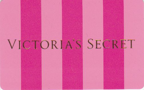 the victoria's secret logo is shown on a pink and white striped card with gold lettering