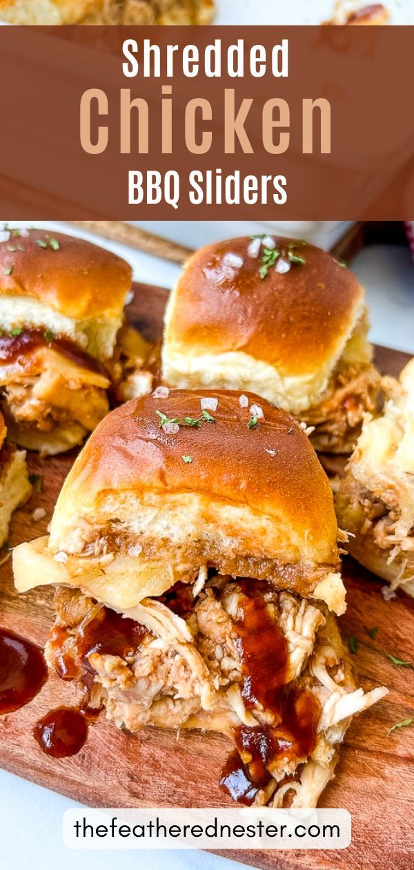 shredded chicken bbq sliders on a cutting board