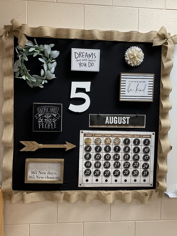 a black and white bulletin board with some writing on it that says 5, august