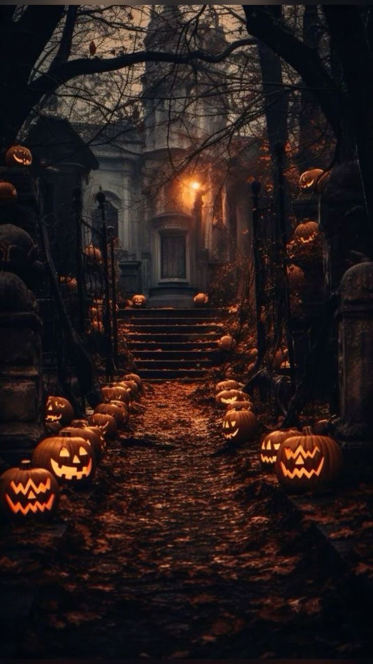 halloween pumpkins lit up on the steps in front of an old cemetery at night