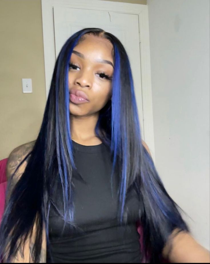 Blue And Black Hair Extensions, Quick Weave With Blue Highlights, Blue Highlighted Wig, Quick Weave Color Hairstyles, Sew In Blue Highlights, Lace Front Wigs Blue, Blue Sew In Weave, Black N Blue Hair, Blue And Black Quick Weave