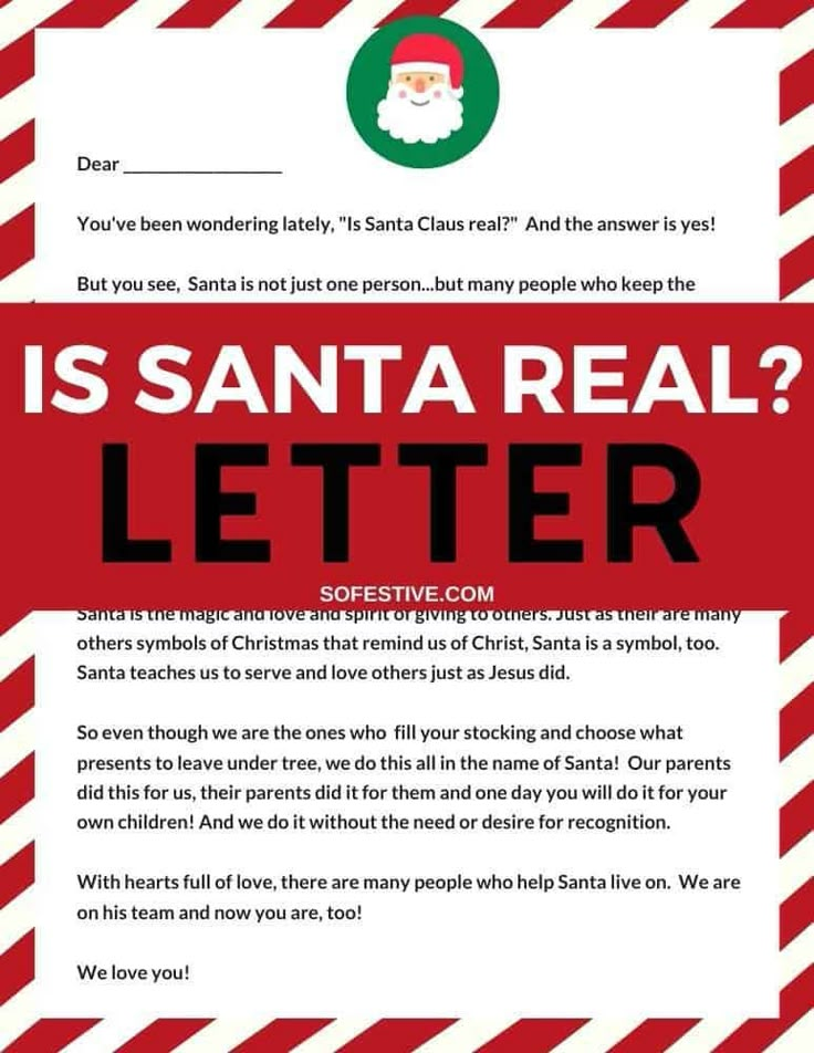 a santa letter with the words is santa real? written in red and white stripes