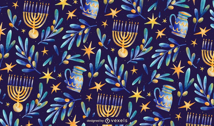 a blue and gold hanukkah pattern with stars, candles and menorahs