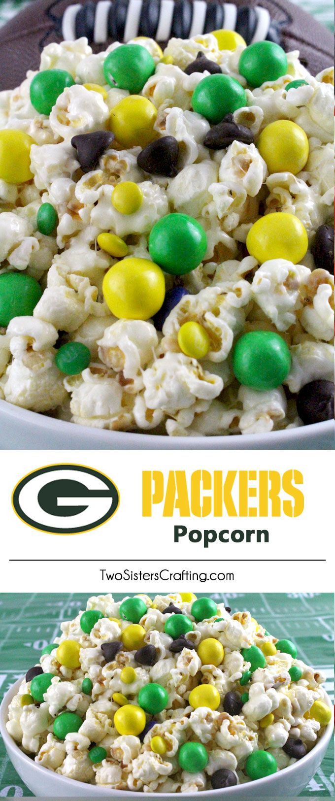 green bay packers popcorn mix in a bowl with candy on top and an image of the side