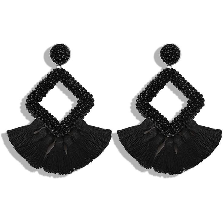 Black Beaded Earring Bohemian Beachten Look Summer Black Beaded Earrings, Summer Party Black Jewelry, Elegant Black Beads Beach Jewelry, Elegant Black Beads Jewelry For Beach, Elegant Beach Jewelry With Black Beads, Beach Dangle Earrings With Black Beads, Black Fringe Earrings For Party, Party Black Fringe Earrings, Black Tassel Drop Earrings For Evening