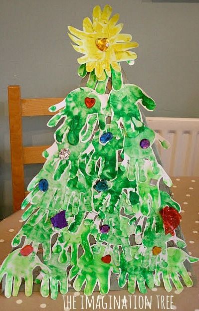 a child's handprinted christmas tree sitting on top of a table