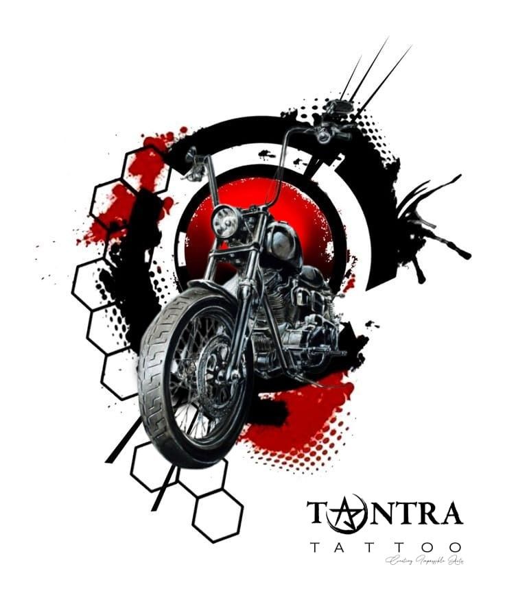 a black and red motorcycle on a white background with the words tantra tattoo written below it