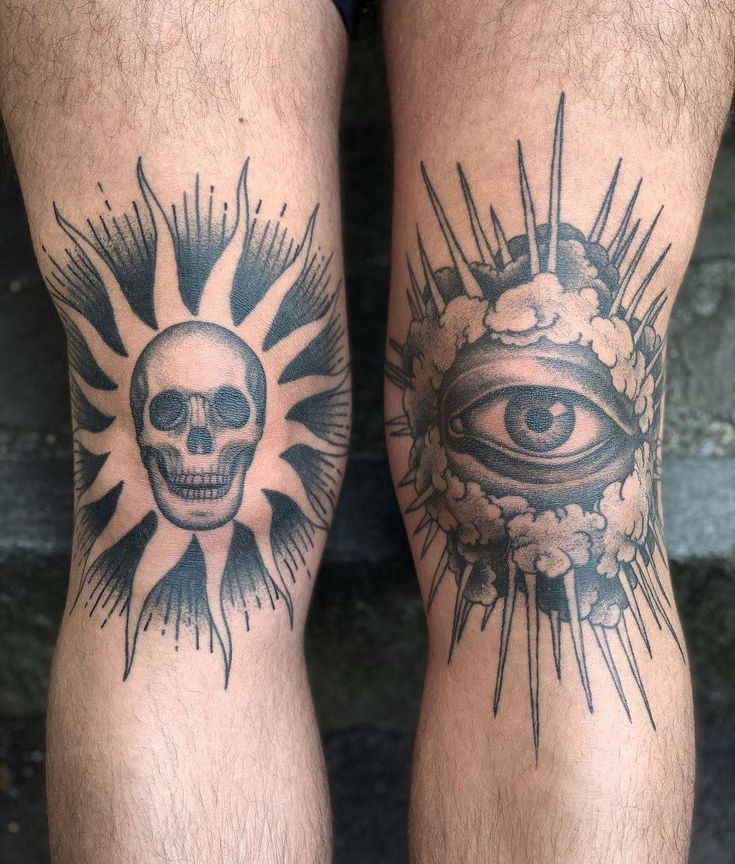 two men's legs with tattoos on them, one has an eye and the other has