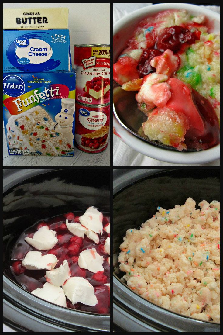 four pictures showing different foods in the crock pot and ingredients to make them into desserts