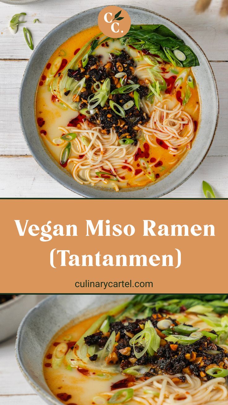 vegan miso ramen tantamen in a bowl with noodles and vegetables