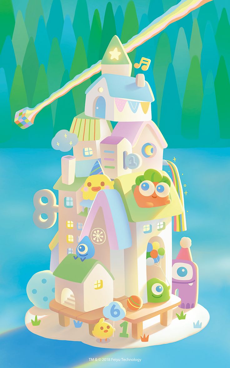 an illustration of a toy house with lots of toys on the ground and trees in the background