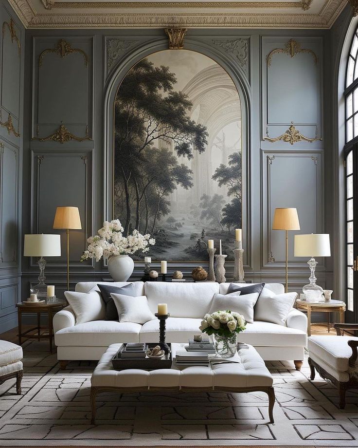 a living room filled with white furniture and paintings on the wall above it's windows