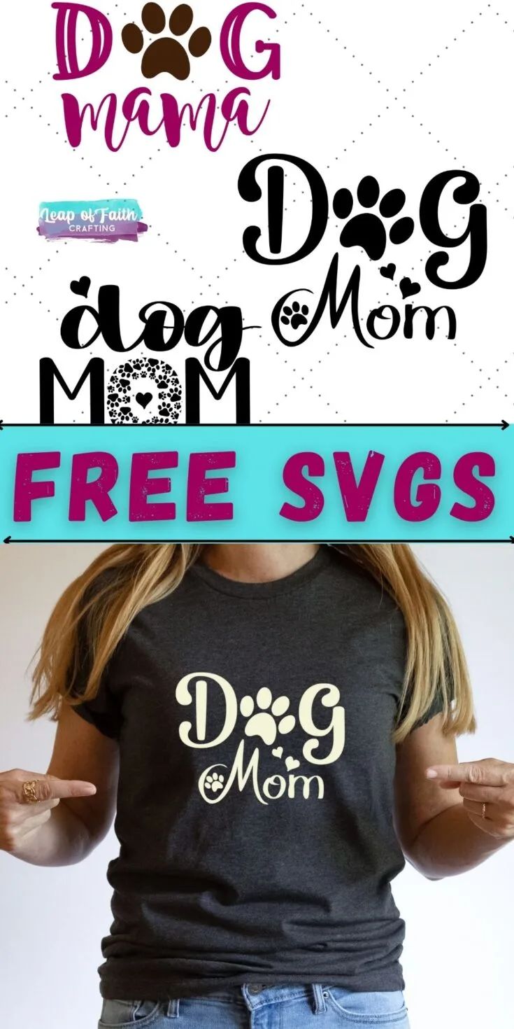 a woman wearing a dog mom t - shirt with the words free svg on it