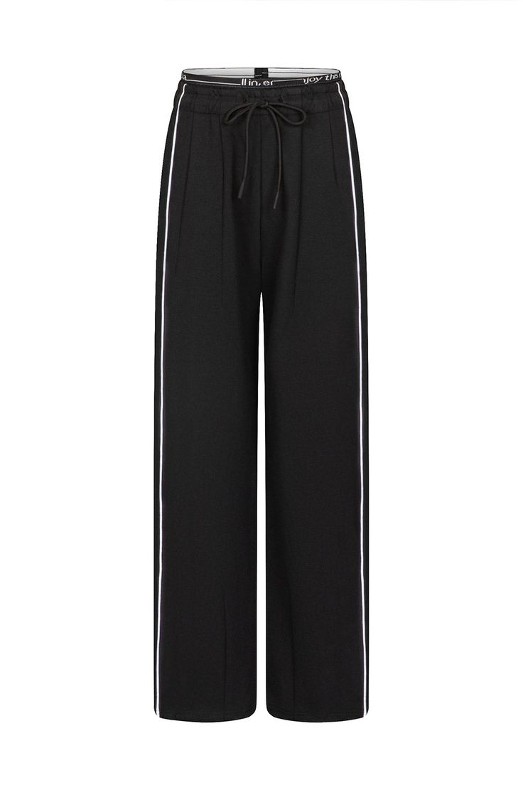 The Patchwork Line Pants is the one you can’t let get away. This lightweight trouser feature side pockets and drawstring. Side black line, add a stylish, street-ready touch. Pair it with a bra or crop top. Black Wide Leg Athleisure Pants, Black Drawstring Pants For Work, Sporty Black Wide Leg Pants, Black Athleisure Pants For Summer, Black Pants With Contrast Stripes For Loungewear, Sporty Wide Leg Pants With Drawstring, Sporty Black Wide Leg Pants With Elastic Waistband, Sporty Black Wide Leg Pants With Pockets, Black Drawstring Wide-leg Pants