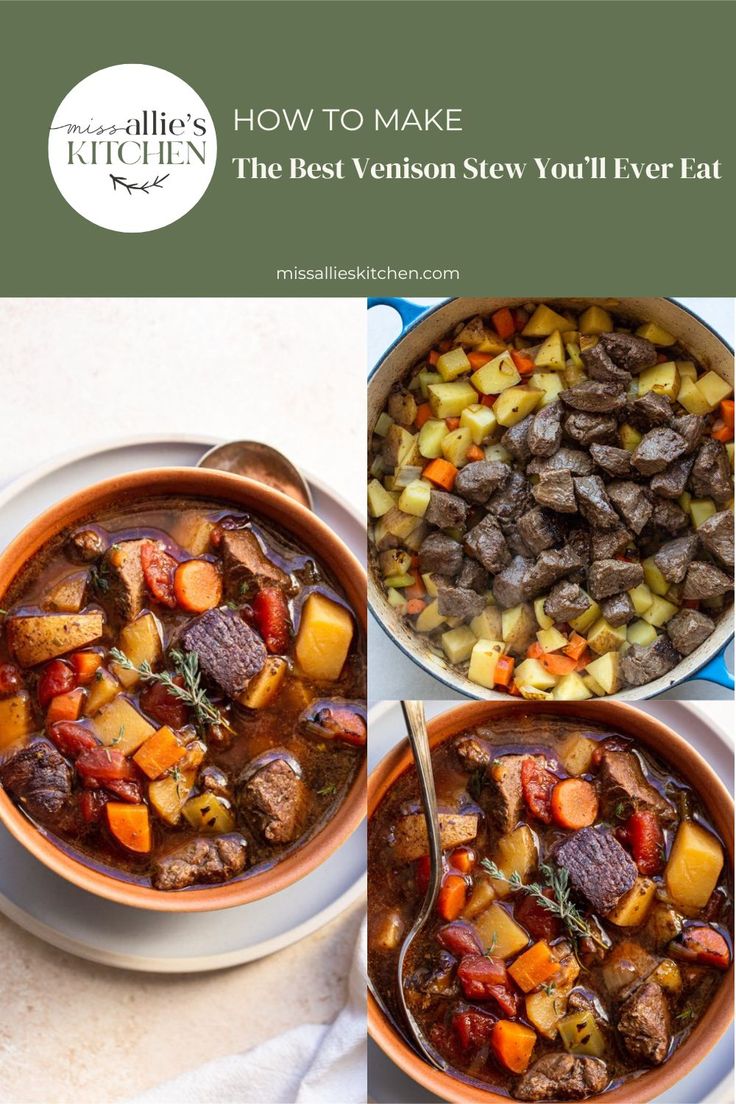 three pictures show different types of stews in pots and pans, with the title how to make the best venison stew you'll ever eat