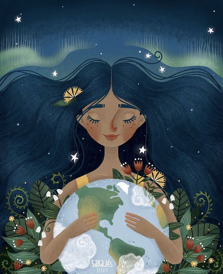 a painting of a woman holding the world in her hands with stars and flowers around her