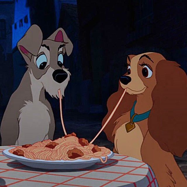 lady and the tramp eating spaghetti together