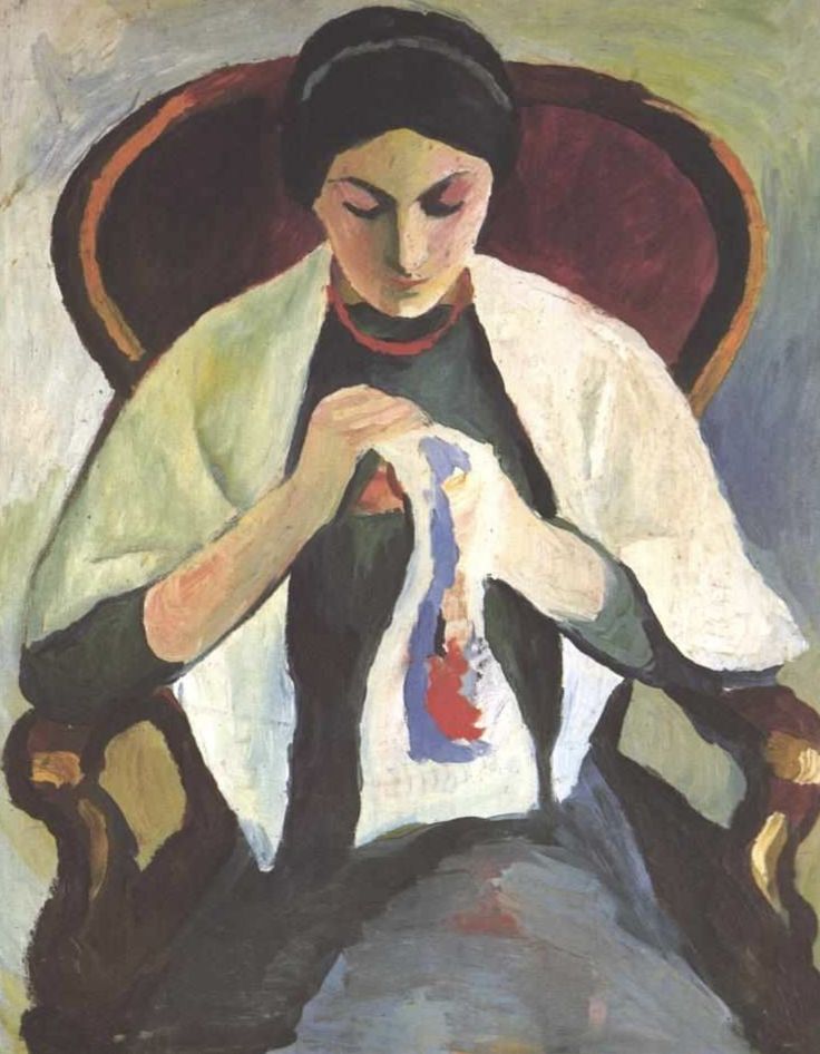 a painting of a woman sitting in a chair holding a piece of paper with her hands