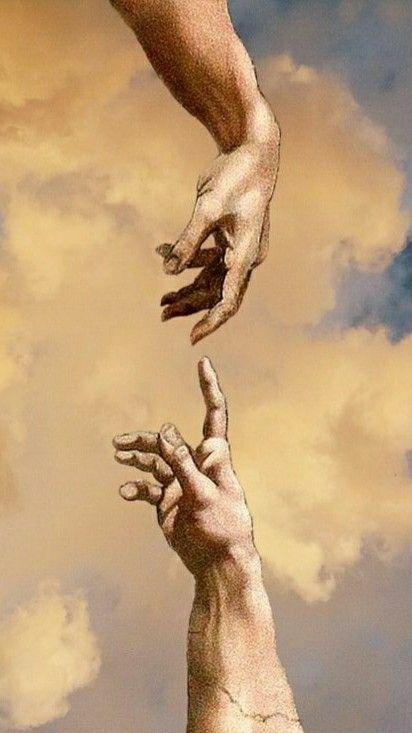 two hands reaching for each other in the air with clouds behind them and blue sky above