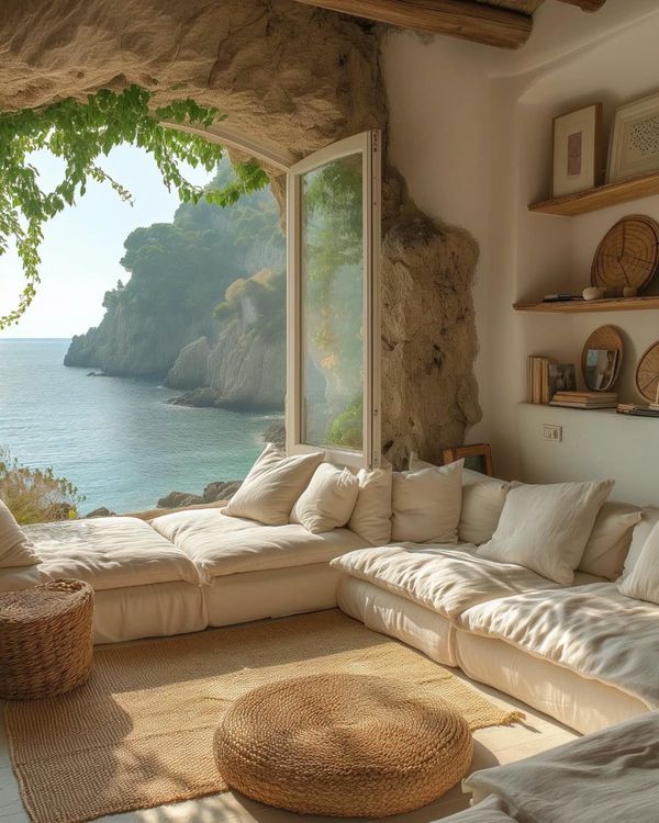 a living room filled with lots of furniture next to a large window overlooking the ocean