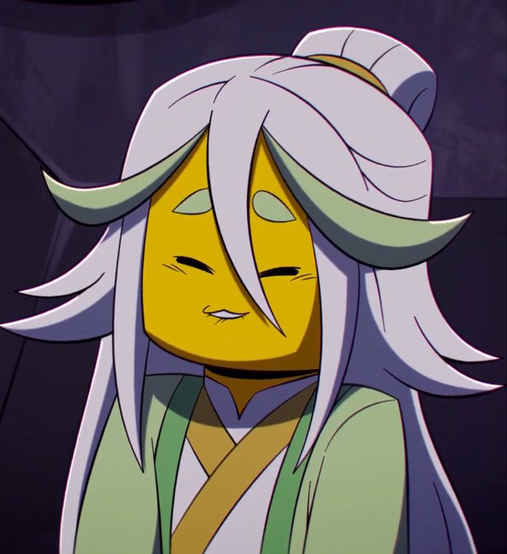 an animated character with white hair and green eyes