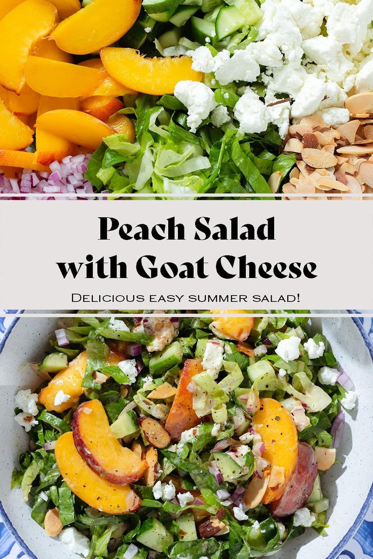 peach salad with goat cheese in a blue and white bowl next to other food items