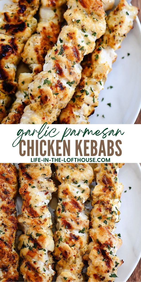 grilled chicken kebabs on a white plate