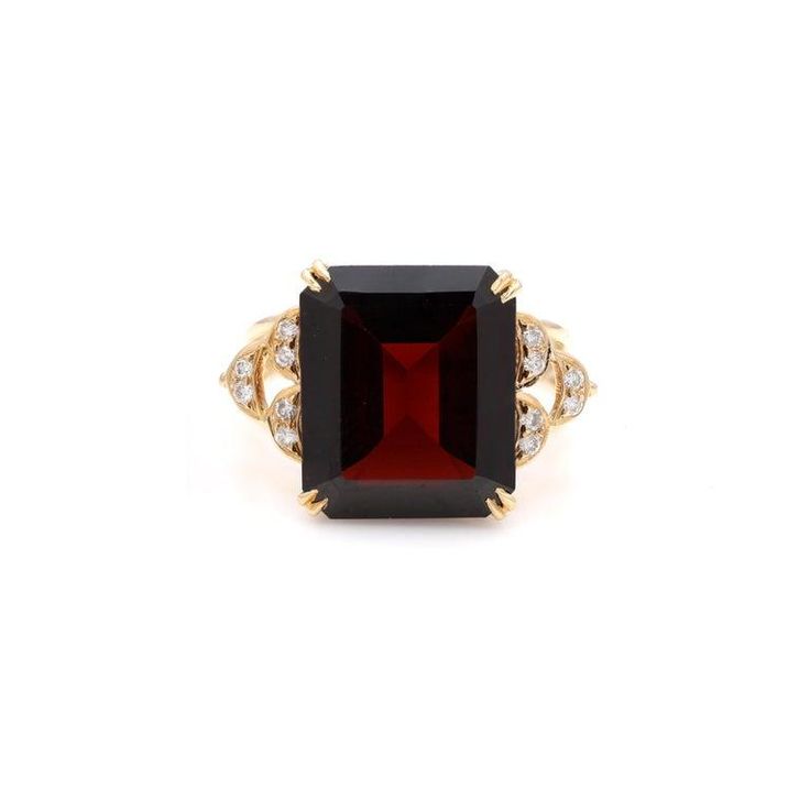 This is part of Chairish’s Fine Jewelry assortment.  Garnet Diamond Cocktail Ring in 14K Gold featuring natural garnet of 10.7 carats and diamonds of 0.1 carats. The gorgeous handcrafted ring goes with every style. Garnet helps with love and relationships because its red color symbolizes a strong love or romantic connection.  Designed with octagon cut garnet as center stone with diamonds studded on side making a beautiful design that makes it a perfect fit to wear it on your wedding or style it Luxury Ruby Ring With Gemstone Accents For Anniversary, Fine Jewelry Garnet Rings With Rose Cut Diamonds, Fine Jewelry Formal Birthstone Ring With Gemstone, Formal Fine Jewelry Birthstone Ring With Gemstone, Formal Birthstone Ring With Gemstone, Exquisite Evening Gemstone Rings, Formal Garnet Birthstone Ring In Fine Jewelry Style, Elegant Diamond Ring With Gemstone Accents For Gift, Fine Jewelry Ruby Ring With Gemstone Accents