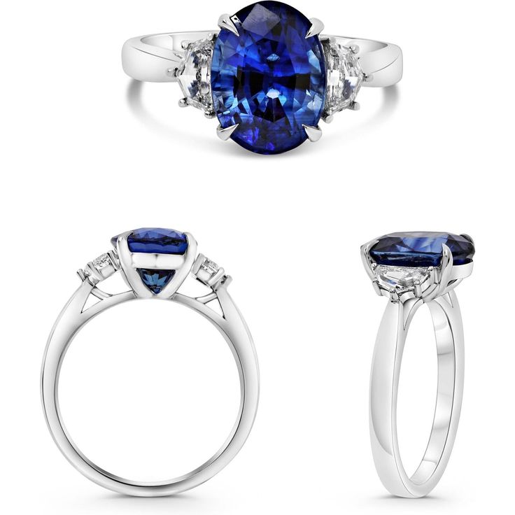 Roman & Jules Oval Sapphire Elegance Platinum Ring Luxury Oval Sapphire Ring With Polished Finish, Timeless Oval Sapphire Ring, Luxury Platinum Three Stone Ring, Luxury Platinum Three-stone Ring, Classic Oval Sapphire Ring, Elegant Sapphire Ring With Polished Finish, Platinum Three Stone Ring - Fine Jewelry, Platinum Three Stone Fine Jewelry Ring, Classic Oval Sapphire Ring With Prong Setting