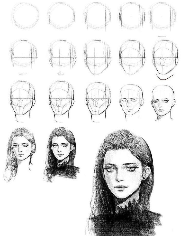 a woman's head with different facial expressions and hair styles, drawn in pencil