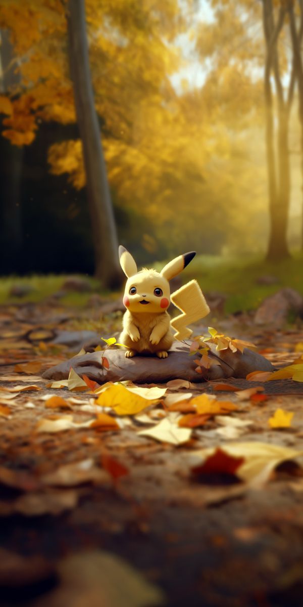 a toy pikachu sitting on top of leaves in the middle of a forest