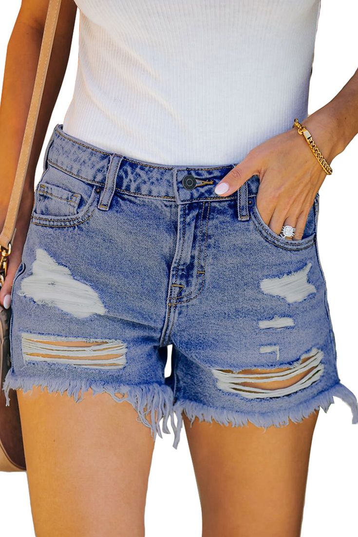 Blue Raw Hem Distressed High Rise Denim Shorts Blue Ripped Cutoff Jean Shorts, Ripped Denim Shorts In Blue, Distressed Washed Blue Denim Jean Shorts, Mid-rise Ripped Blue Jean Shorts, Blue Ripped Mid-rise Jean Shorts, Mid-rise Distressed Denim Blue Jean Shorts, Summer Washed Blue Ripped Jean Shorts, Blue Ripped Denim Jean Shorts, Distressed Blue Cutoff Jean Shorts