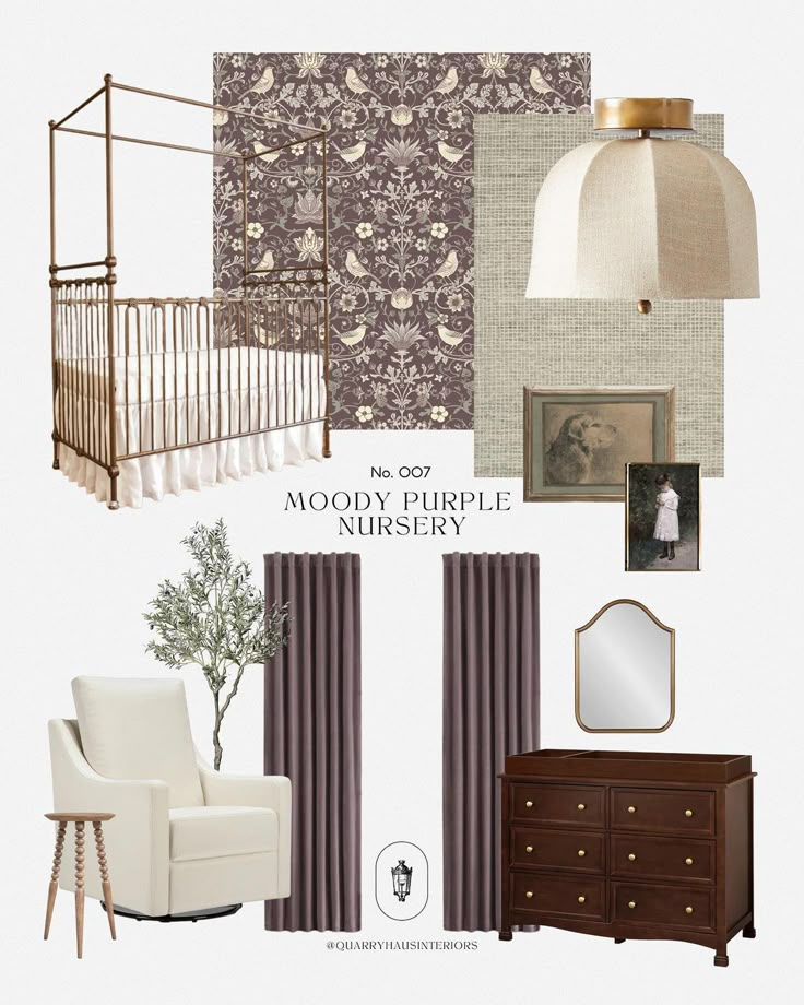 the mood board is full of neutrals and shades for this nursery room, including a crib