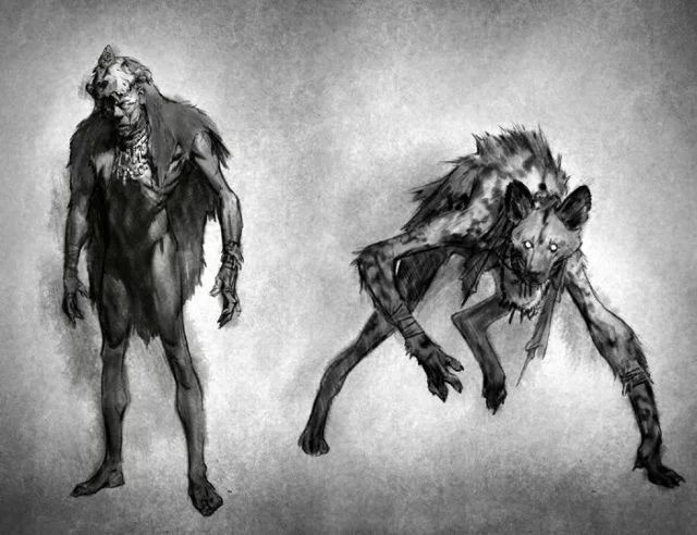 two drawings of werewolvess and an animal with long legs, one in the process of being