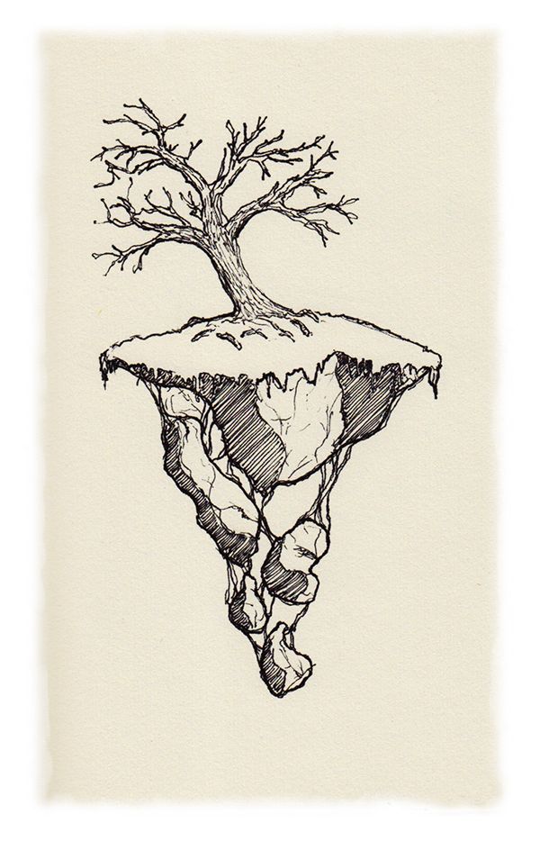 a drawing of a tree growing out of an island