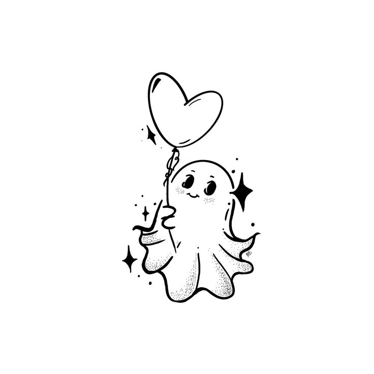 a black and white drawing of a ghost holding a heart shaped balloon with stars on it