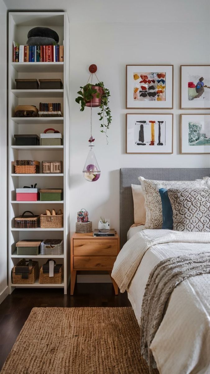 a bedroom with bookshelves and pictures on the wall