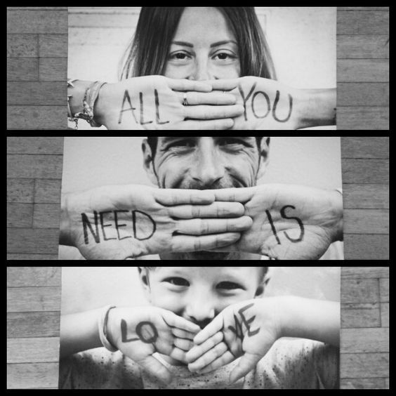 two pictures with the words all you need is love written on their hands and in front of them