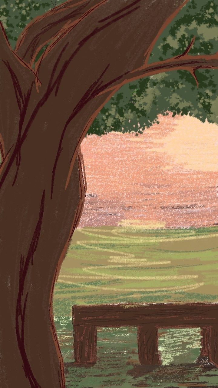 a drawing of a bench under a tree in front of a field with grass and trees