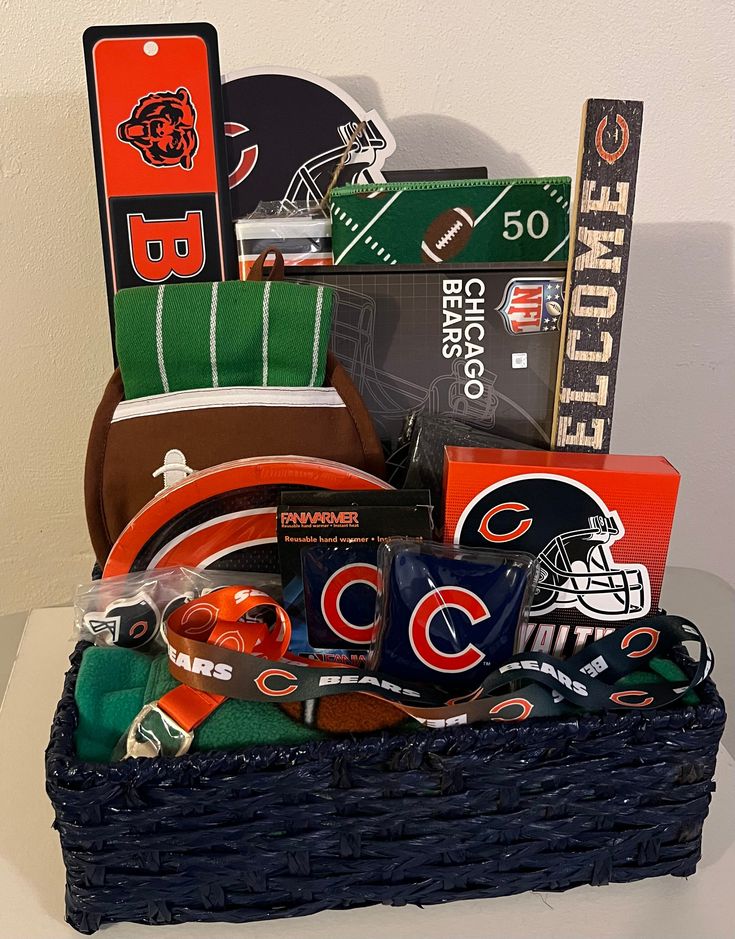 a football themed gift basket with sports items in the bottom right hand corner and on the left is a chicago bears license plate