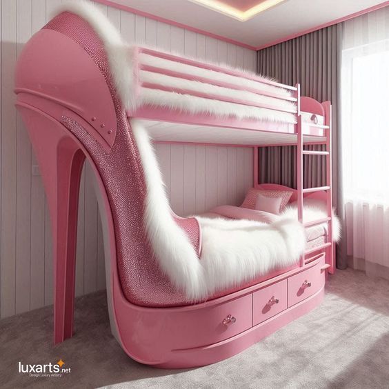 a pink high heeled bed with white fur on the bottom bunk and drawers underneath