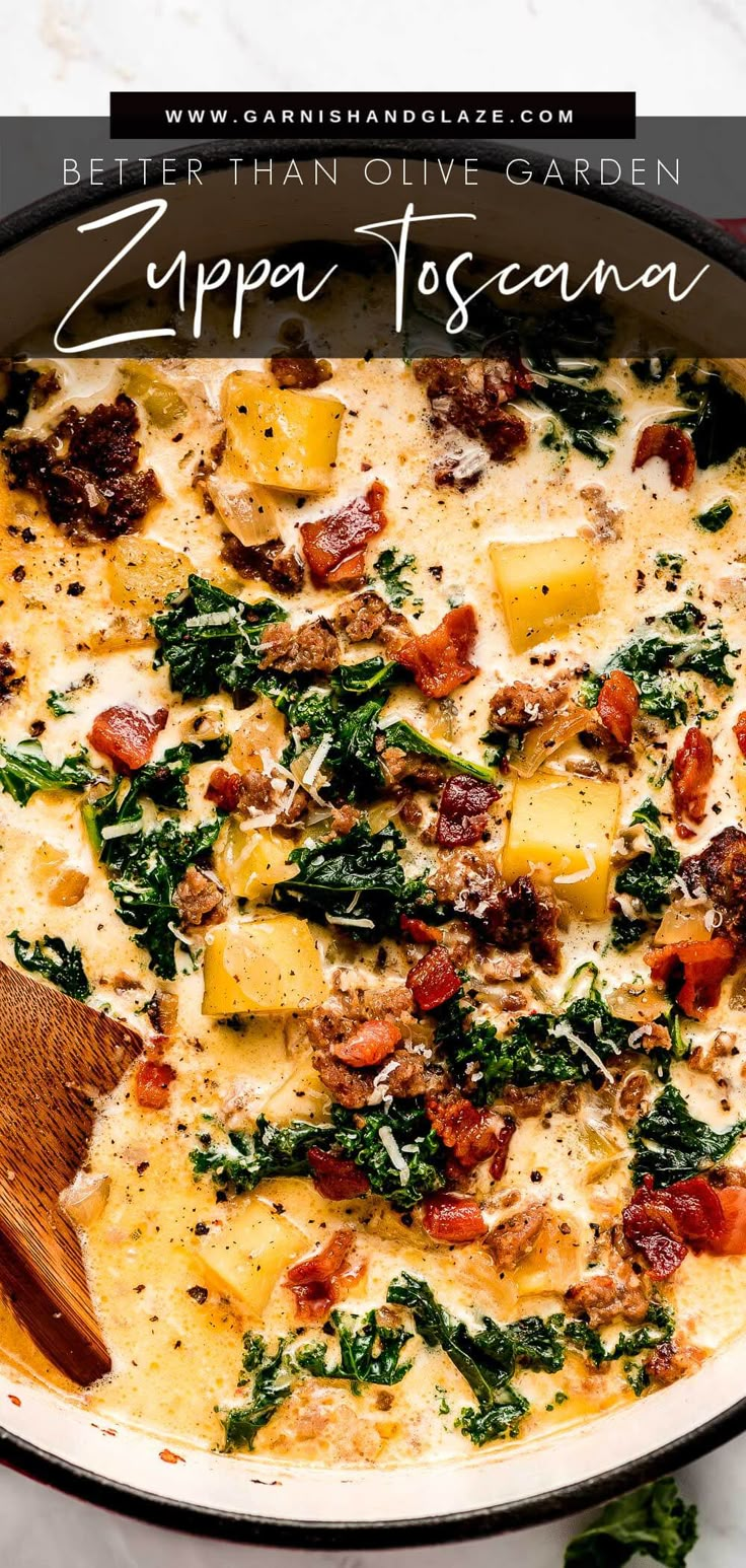 a pan filled with cheese and spinach next to a wooden spoon